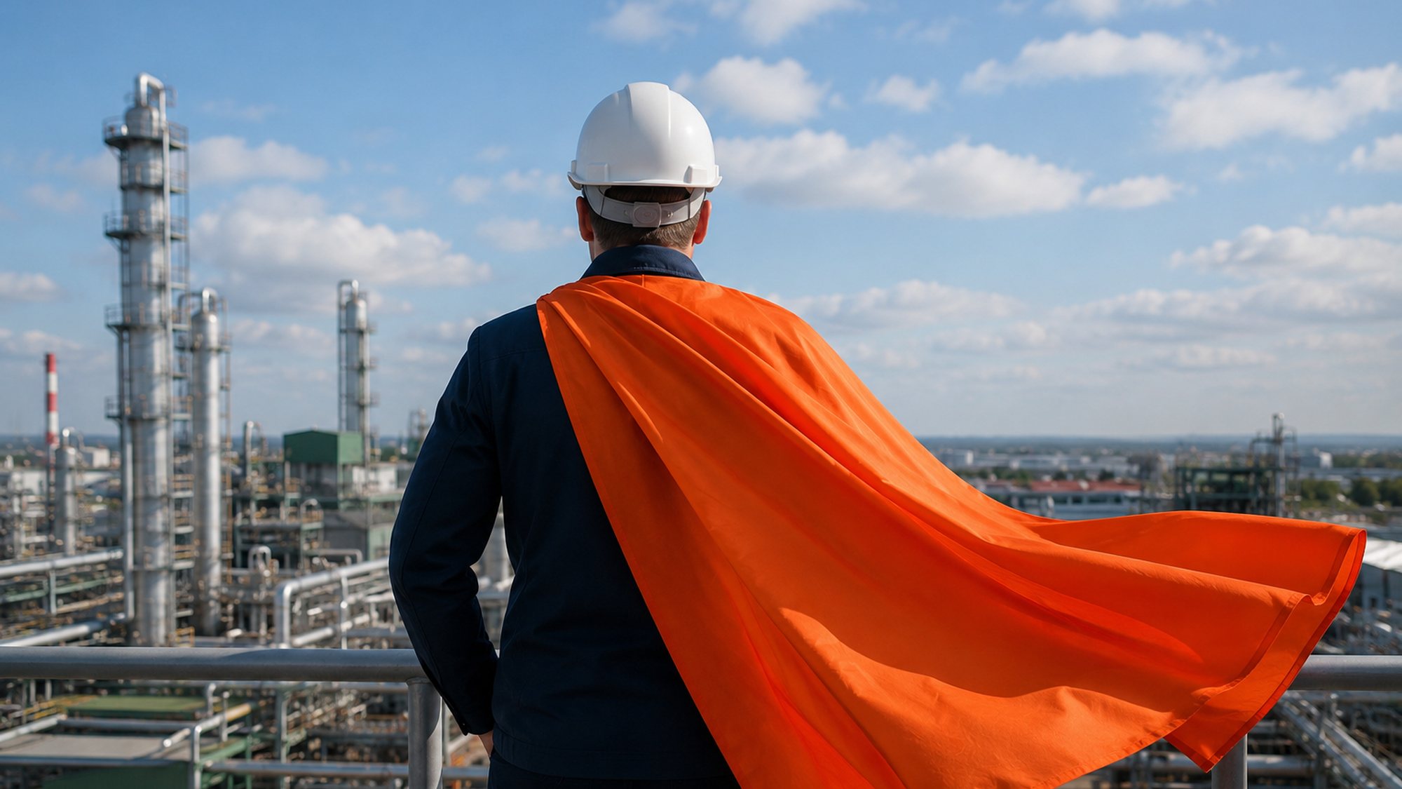 HSEQ hero with helmet and orange cape looking out over an industrial site