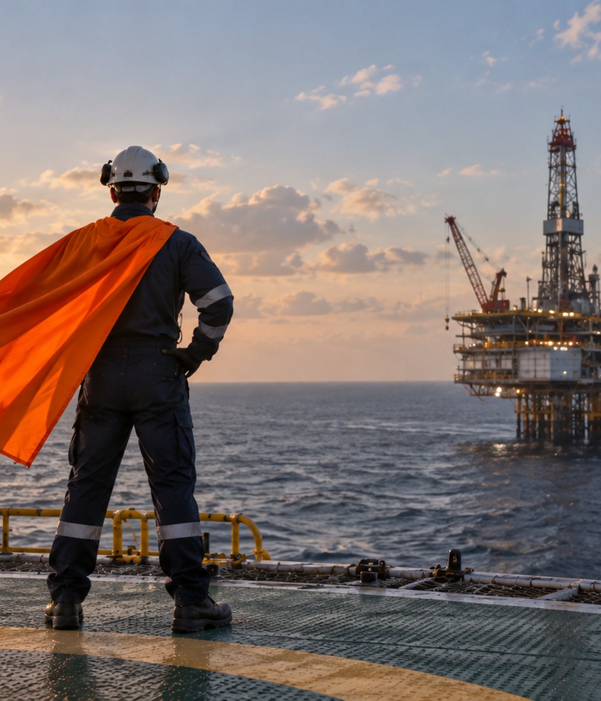 HSEQ hero with helmet and ear protection on a helideck, offshore platform at sunset