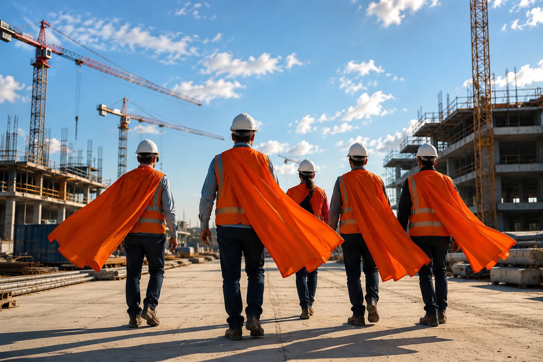 Crew with helmets and orange capes walking onto the construction site