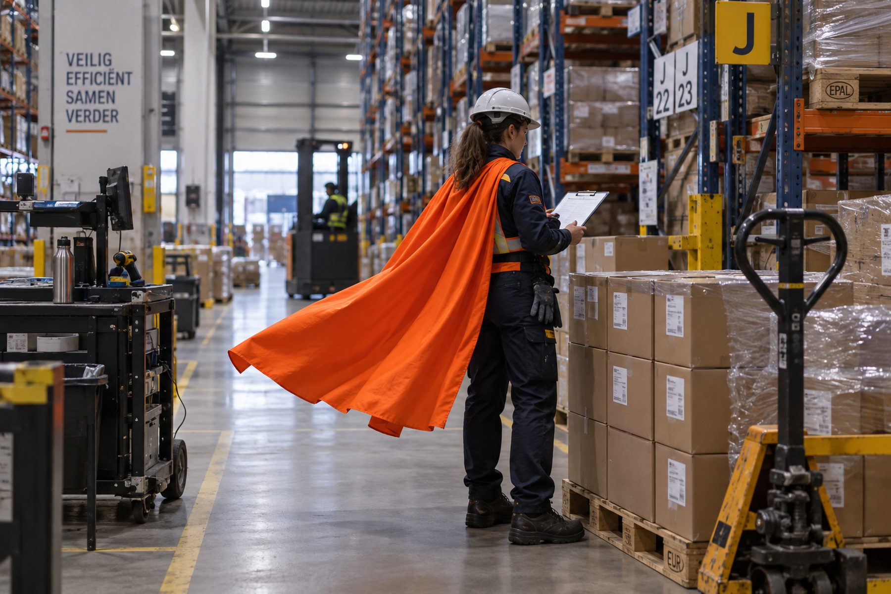 HSEQ hero with helmet and hi-vis vest between the racks in a warehouse