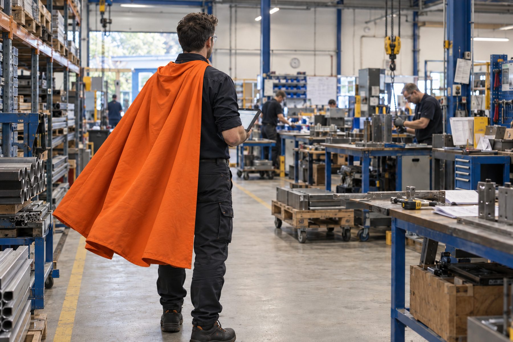 HSEQ hero with safety glasses in a machine workshop