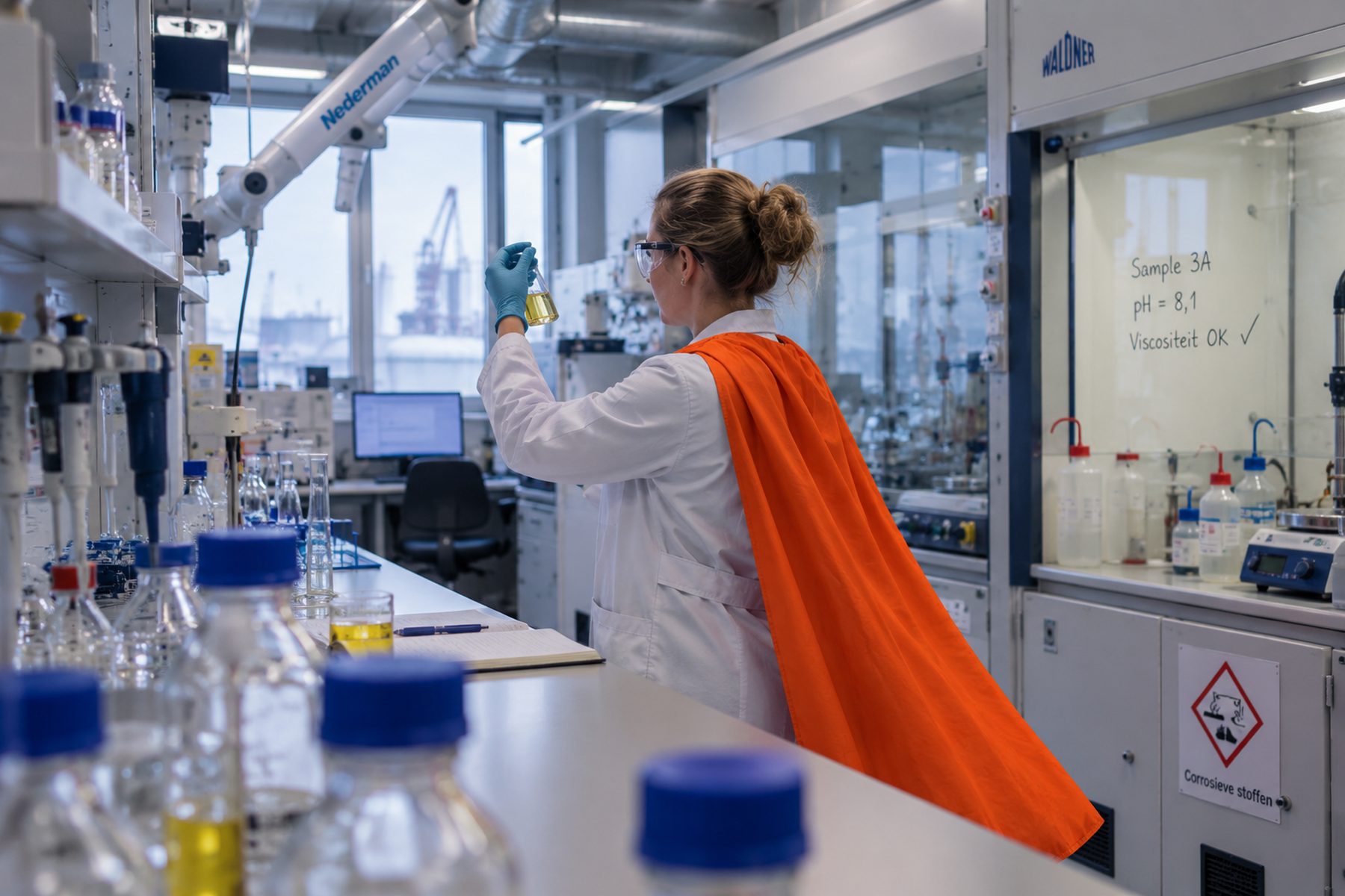 Lab technician in lab coat, glasses and gloves at a fume cupboard