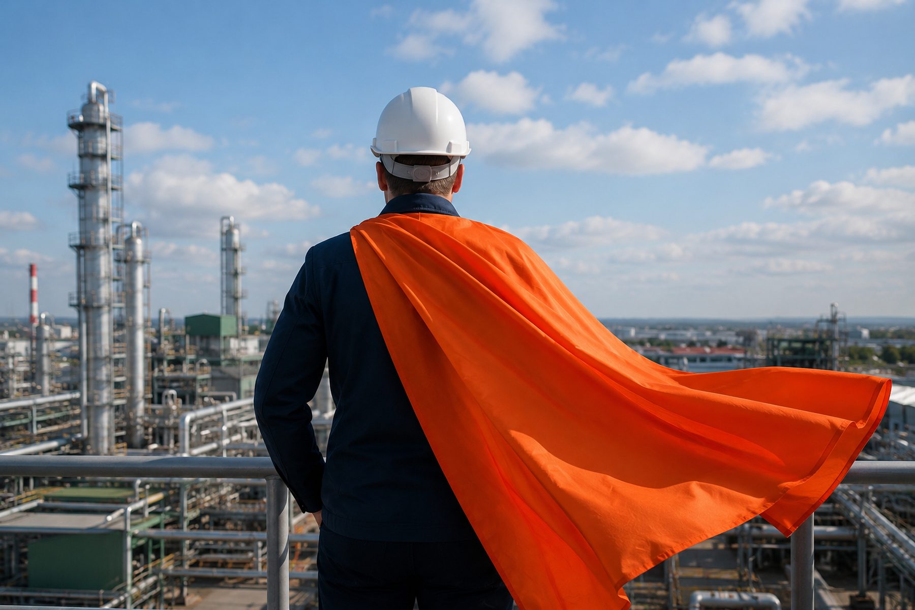 HSEQ hero with helmet looking out over an industrial site